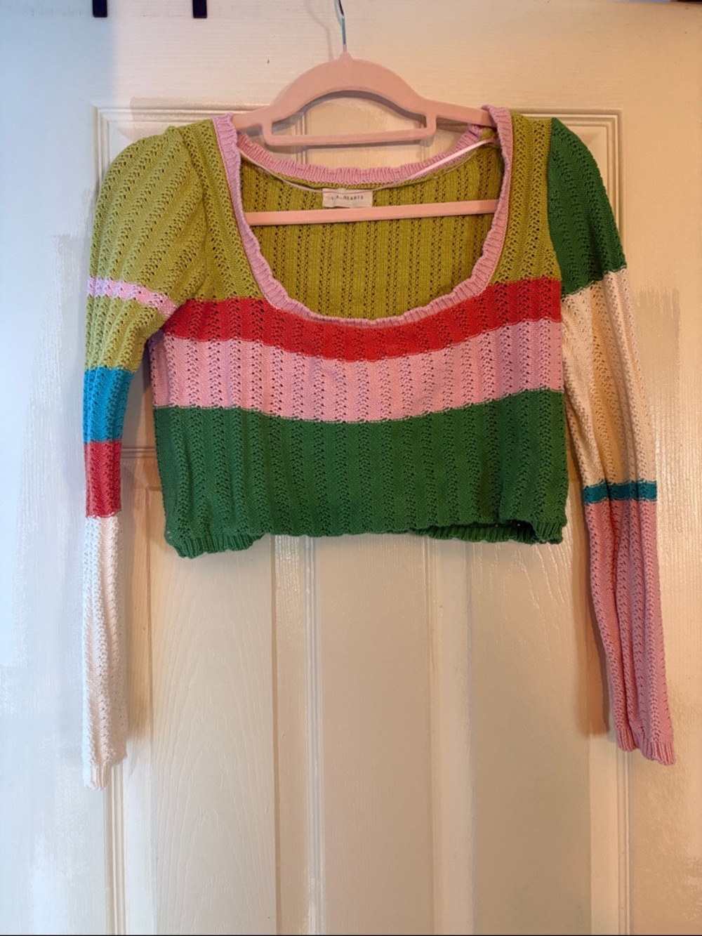 La Hearts Multicolor Striped Knit Crop Top - Green, Pink, Red, Cream, Blue